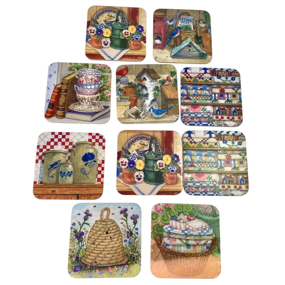 Vintage Farmhouse Cottage Coasters Cork Back 10 Beehive Crock Quilts 4in Square